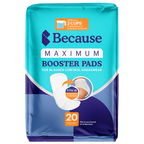 Packshot of the teal and navy Because Maximum Booster Pads package, 20 count, showing a booster pad tucked inside protective underwear and marked adds up to 2 cups of absorbency.
