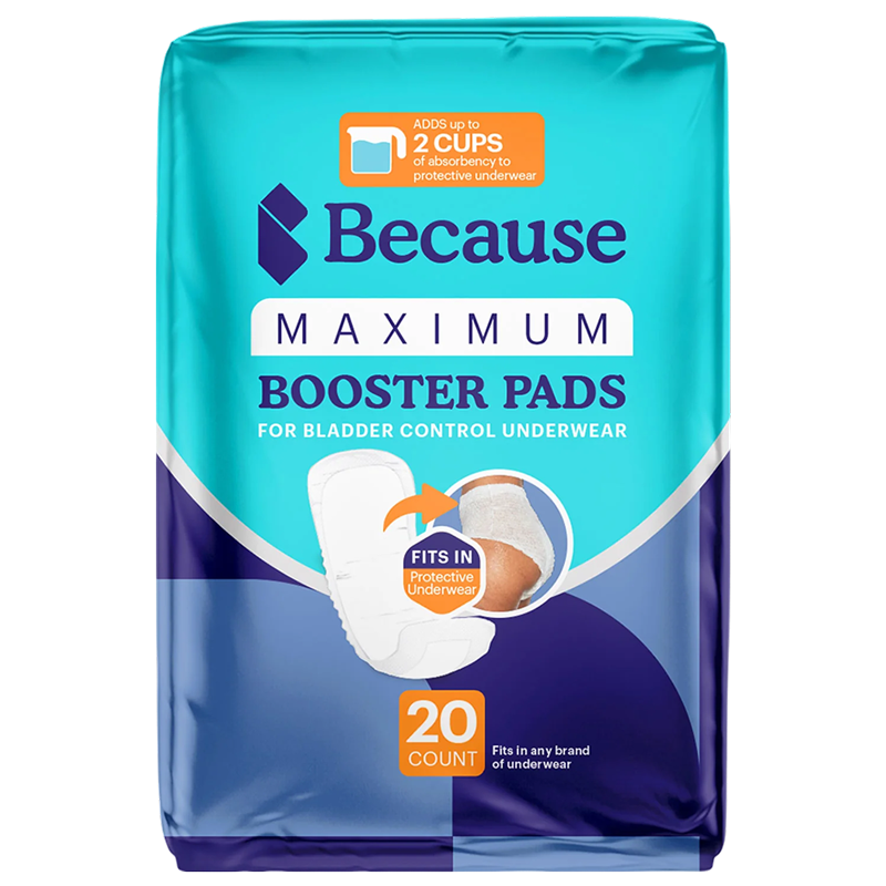 Packshot of the teal and navy Because Maximum Booster Pads package, 20 count, showing a booster pad tucked inside protective underwear and marked adds up to 2 cups of absorbency.
