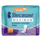 Packshot of the teal and purple Because Maximum Bladder Control Pads package, 20 count, marked absorbs up to 2 cups.