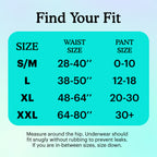 Size chart for Because underwear with waist and pant measurements on a teal background