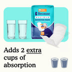 Package of Because Maximum Booster Pads with two glasses of water on a light blue background