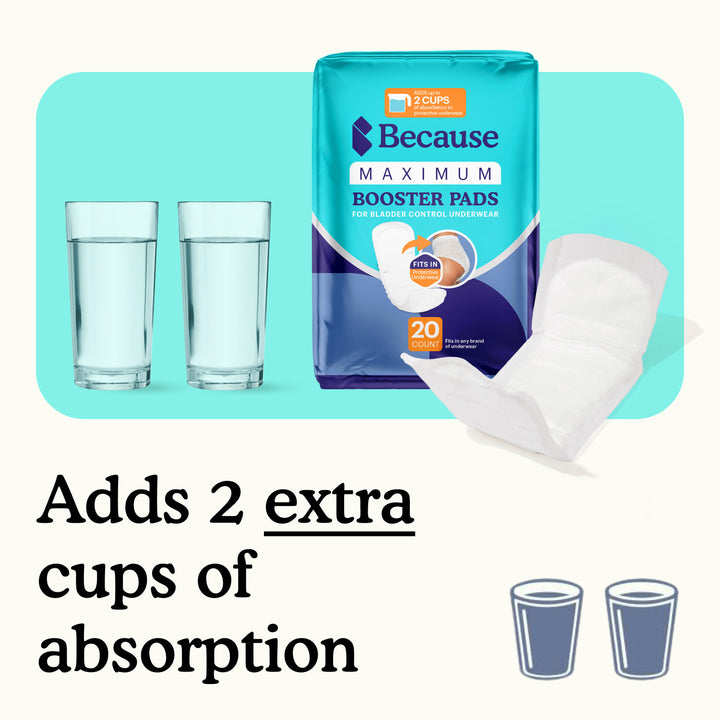 Package of Because Maximum Booster Pads with two glasses of water on a light blue background