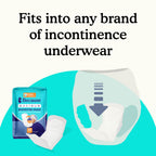 Pack of Because maximum booster pads with an incontinence pad on a teal background with text "fits into any brand of incontinence underwear"