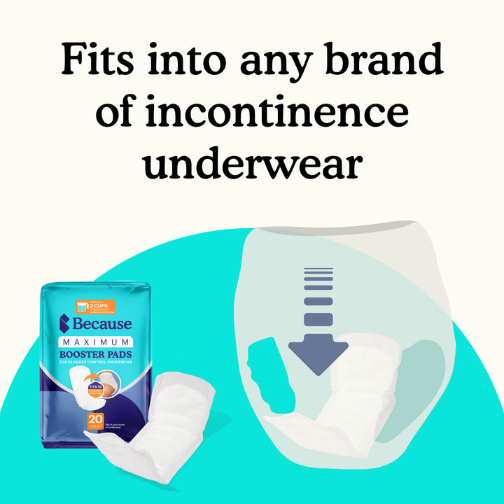Pack of Because maximum booster pads with an incontinence pad on a teal background with text "fits into any brand of incontinence underwear"