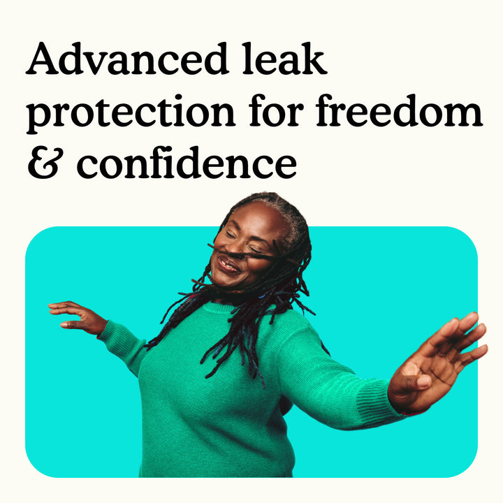 Person in a green sweater with text about leak protection on a white background