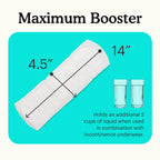 Measurement chart showing a Because maximum booster with dimensions and capacity information on a teal and white background.