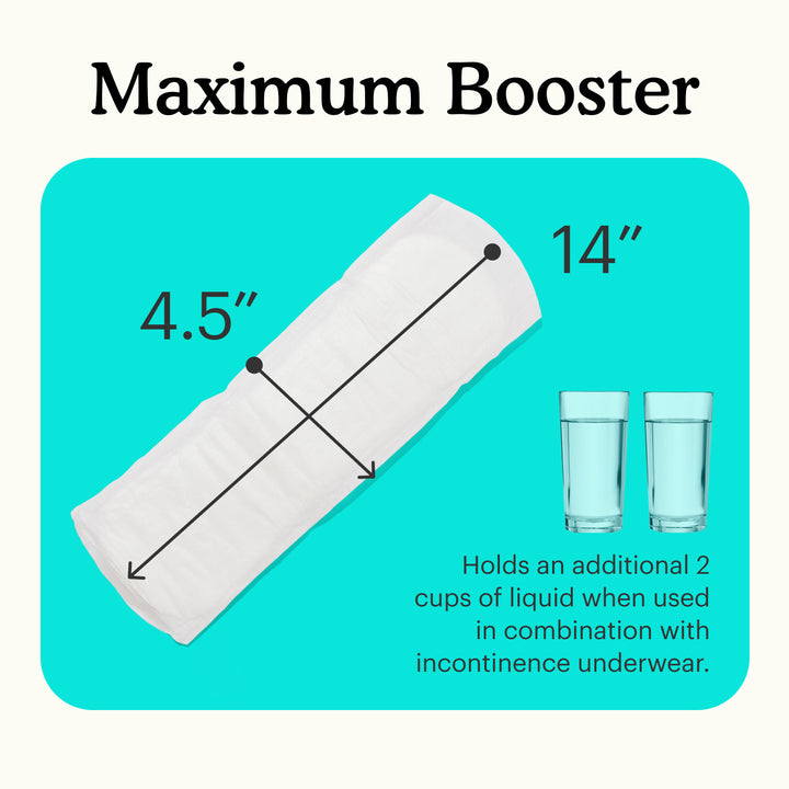 Measurement chart showing a Because maximum booster with dimensions and capacity information on a teal and white background.