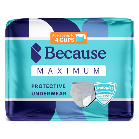 Package of Because Maximum Protective Underwear for men with branding and product details.