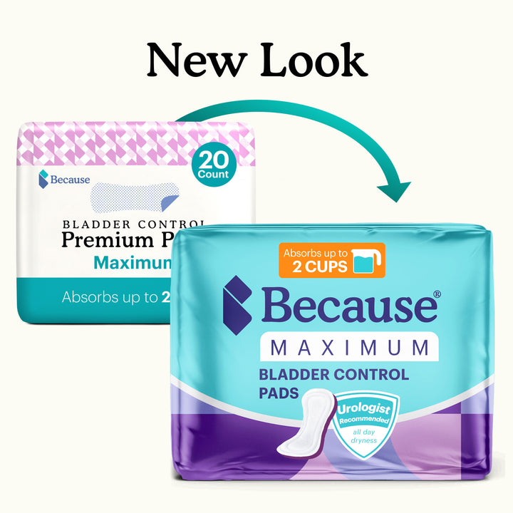 Because maximum bladder control pads with "New look" text on a white background.