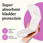 Hand holding Because maximum bladder control pads with text "Super absorbent bladder protection" on a white and pink background.