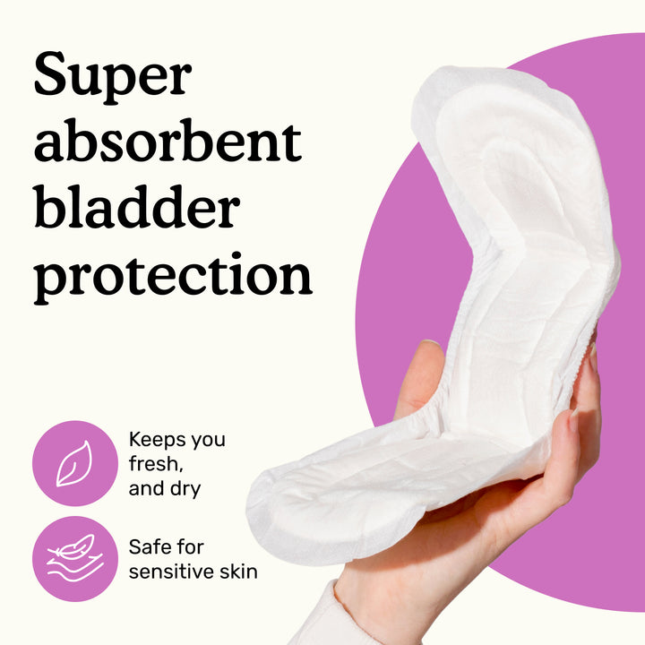 Hand holding Because maximum bladder control pads with text "Super absorbent bladder protection" on a white and pink background.