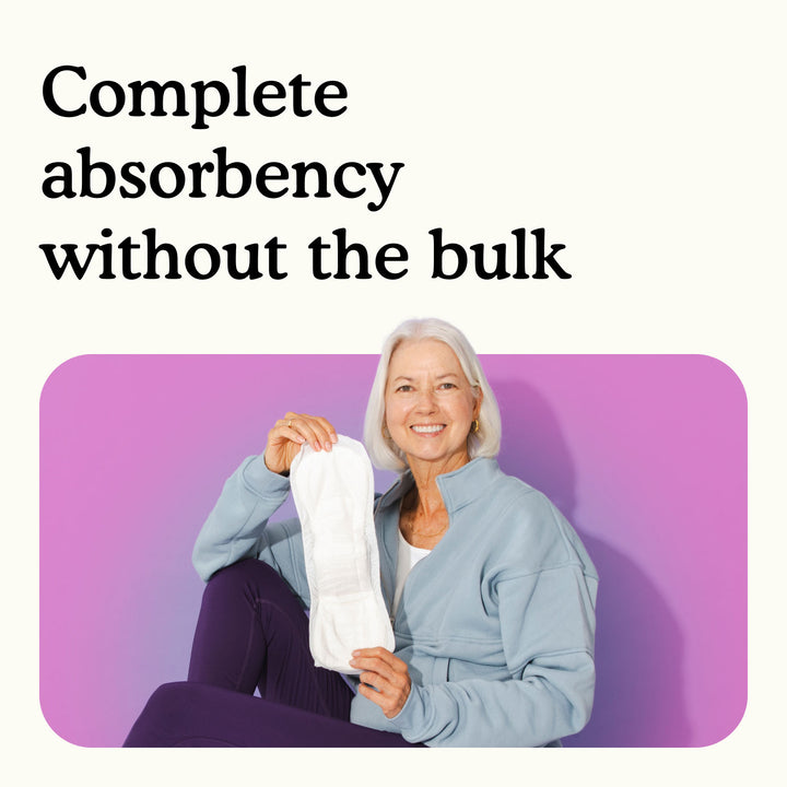 Woman holding a Because maximum bladder control pad with text "Complete absorbency without the bulk" on a white and pink background.