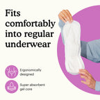 Hand holding Because maximum bladder control pad with text "Fits comfortably into regular underwear" on a white and pink background.