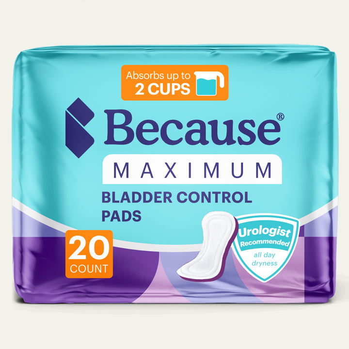 Package of Because Maximum Bladder Control Pads on a white background