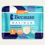 Package of Because Maximum Protective Underwear size large on a white background