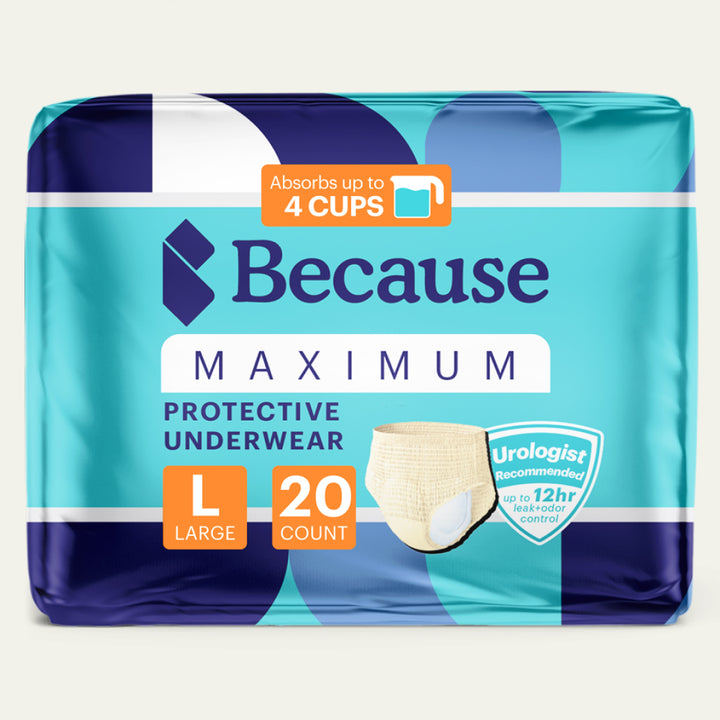 Package of Because Maximum Protective Underwear size large on a white background