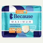 Package of Because Maximum Protective Underwear size small/medium on a white background