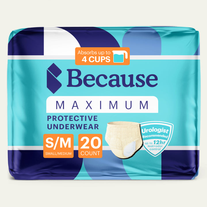 Package of Because Maximum Protective Underwear size small/medium on a white background