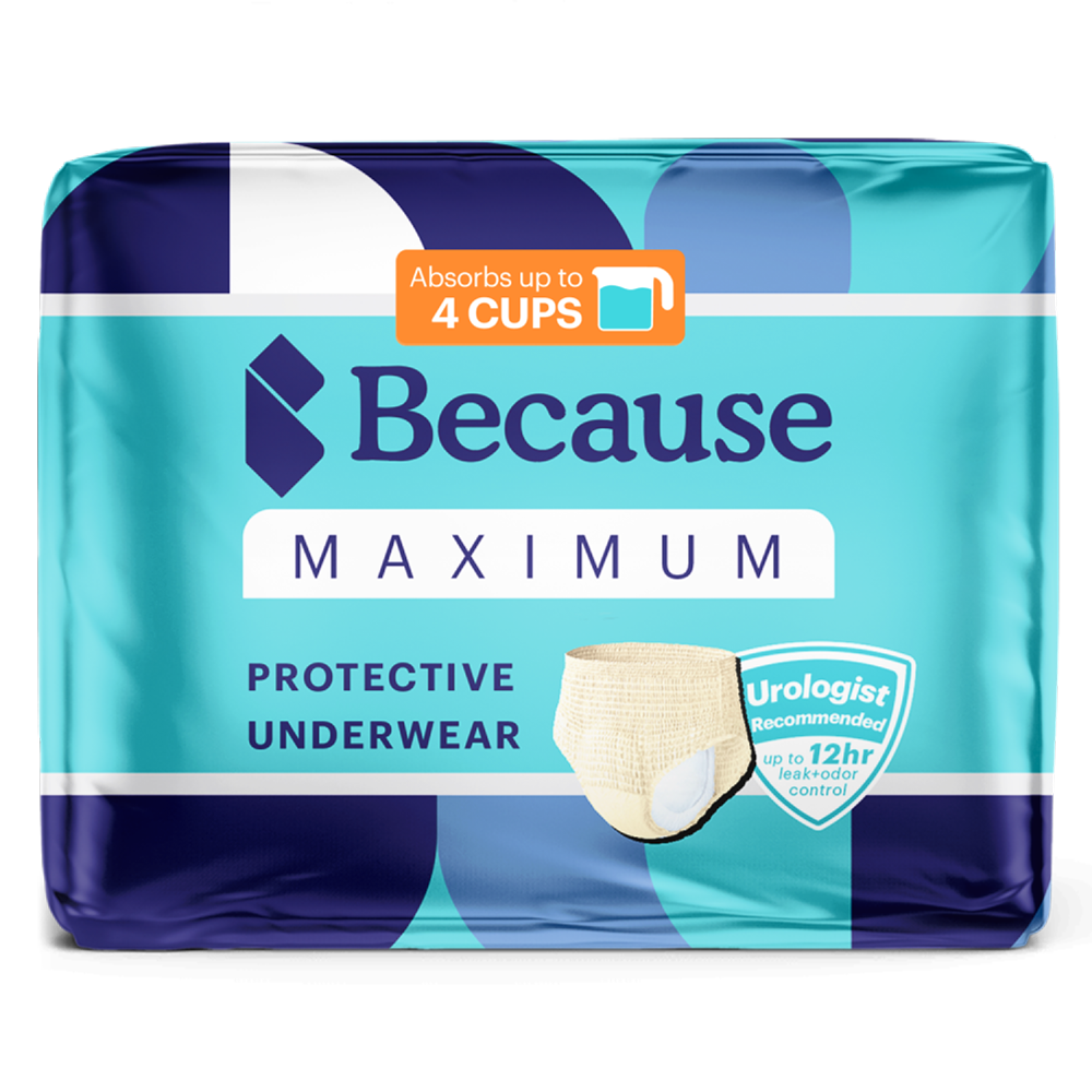 Package of Because Maximum Protective Underwear for women on a white background