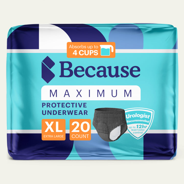 Package of Because Premium Maximum Plus Underwear for Women in Black size extra large on white background