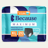 Package of Because Premium Maximum Plus Underwear for Women in Black size extra large on white background