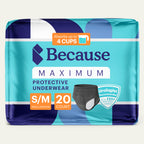 Package of Because Premium Maximum Plus Underwear for Women in Black size small/medium on white background