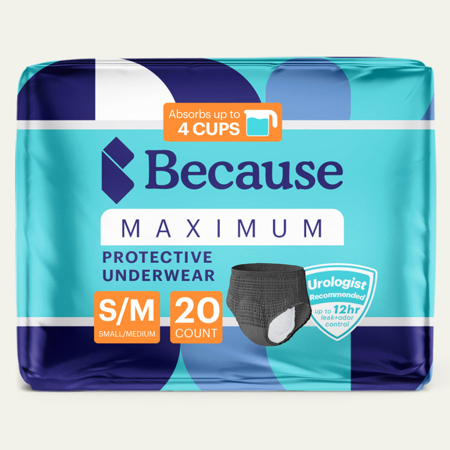 Package of Because Premium Maximum Plus Underwear for Women in Black size small/medium on white background