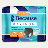Package of Because Premium Maximum Plus Underwear for Women in Black size small/medium on white background