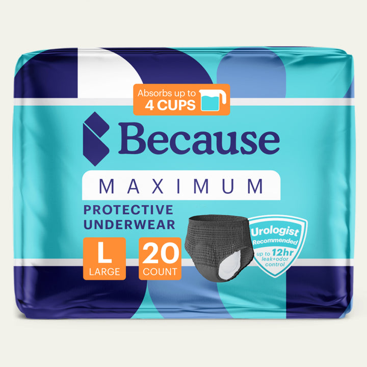 Package of Because Premium Maximum Plus Underwear for Women in Black size large on white background