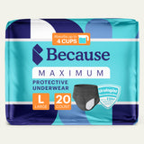 Package of Because Premium Maximum Plus Underwear for Women in Black size large on white background
