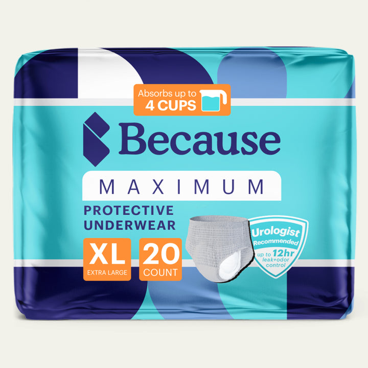 Package of Because Maximum Protective Underwear in Extra Large size on a white background