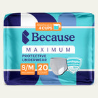 Package of Because Maximum Protective Underwear small/medium on a white background
