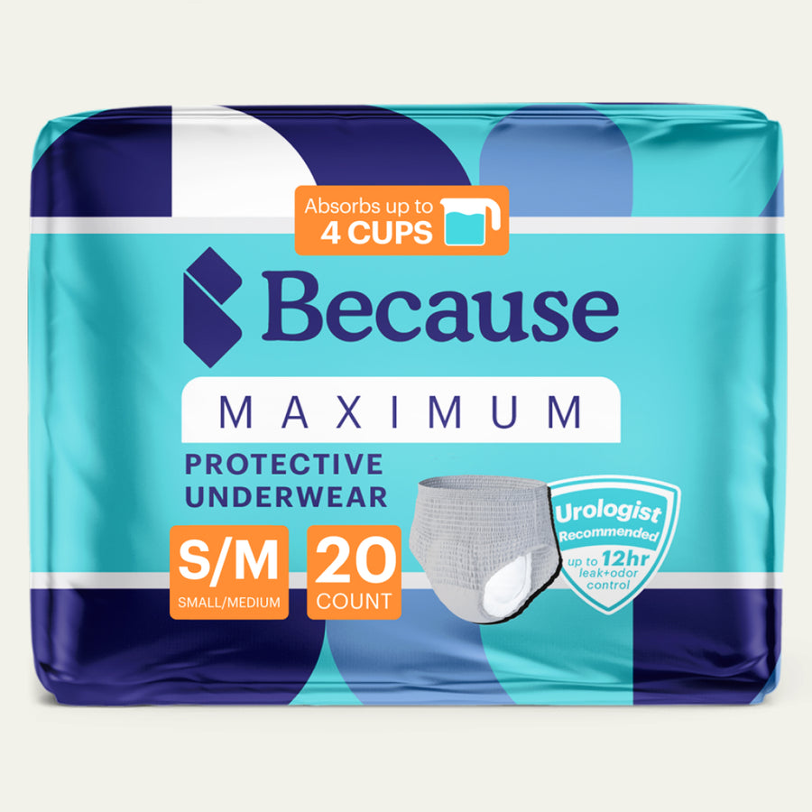 Package of Because Maximum Protective Underwear small/medium on a white background