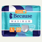 Package of Because Maximum Protective Underwear size large on a white background