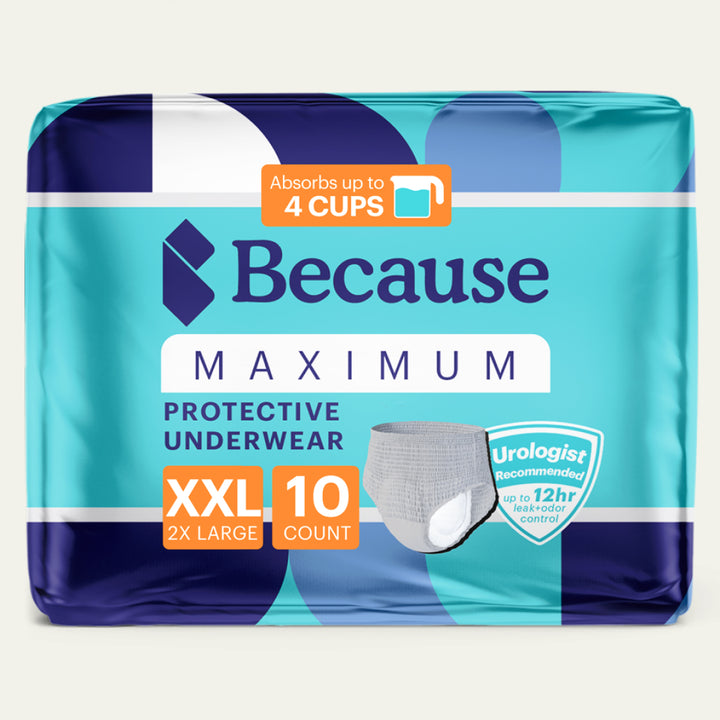 Package of Because Maximum Protective Underwear in XXL size on a white background