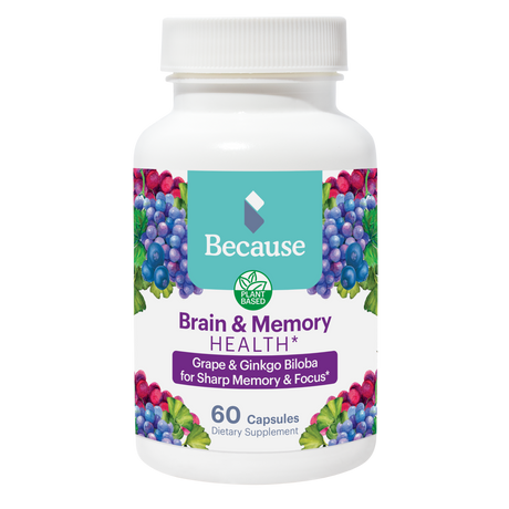 White supplement bottle with grape & ginkgo biloba for sharp memory & focus on the label.  60 Capsules.