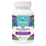 White supplement bottle with grape & ginkgo biloba for sharp memory & focus on the label.  60 Capsules.