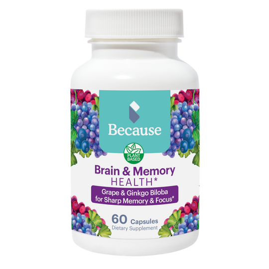 White supplement bottle with grape & ginkgo biloba for sharp memory & focus on the label.  60 Capsules.