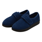 Silvert's extra wide slip resistant slippers in navy viewed from the front at a slight angle.
