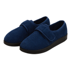 Silvert's extra wide slip resistant slippers in navy viewed from the front at a slight angle.
