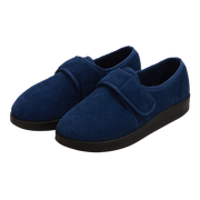 Silvert's extra wide slip resistant slippers in navy viewed from the front at a slight angle.