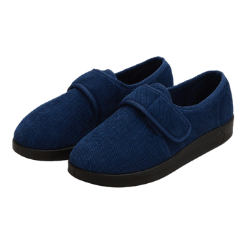 Silvert's extra wide slip resistant slippers in navy viewed from the front at a slight angle.