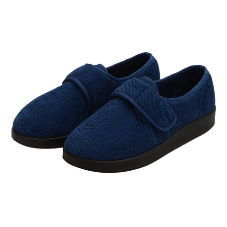 Silvert's extra wide slip resistant slippers in navy viewed from the front at a slight angle.