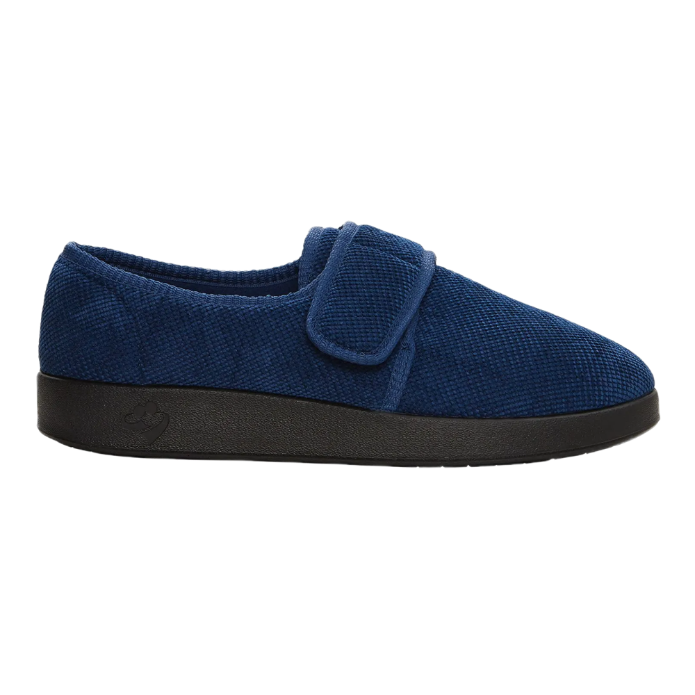 Silvert's extra wide slip resistant slippers in navy viewed from the side.