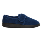 Silvert's extra wide slip resistant slippers in navy viewed from the side.