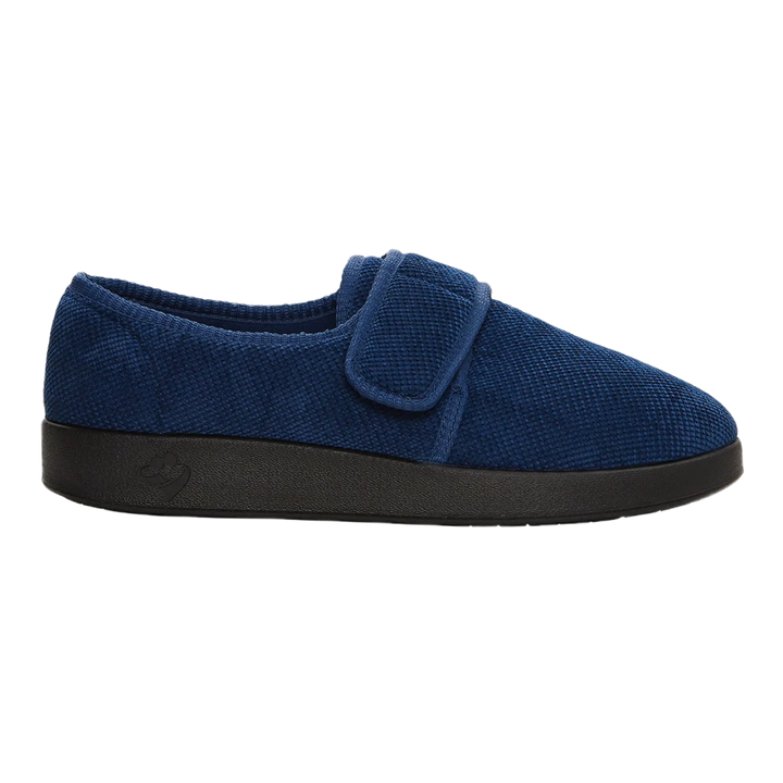 Silvert's extra wide slip resistant slippers in navy viewed from the side.