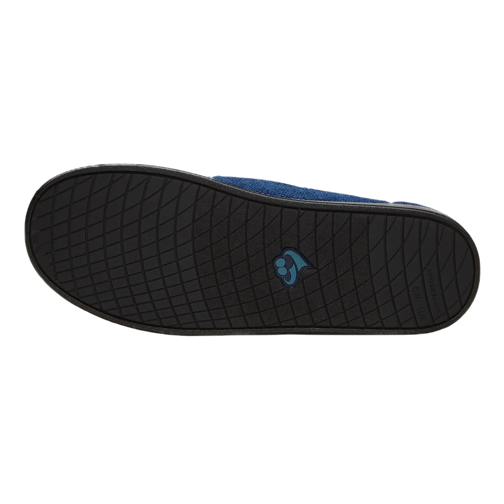 Silvert's extra wide slip resistant slippers in navy viewed from the bottom to show the sole.