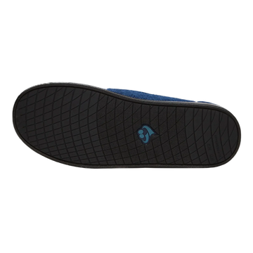 Silvert's extra wide slip resistant slippers in navy viewed from the bottom to show the sole.