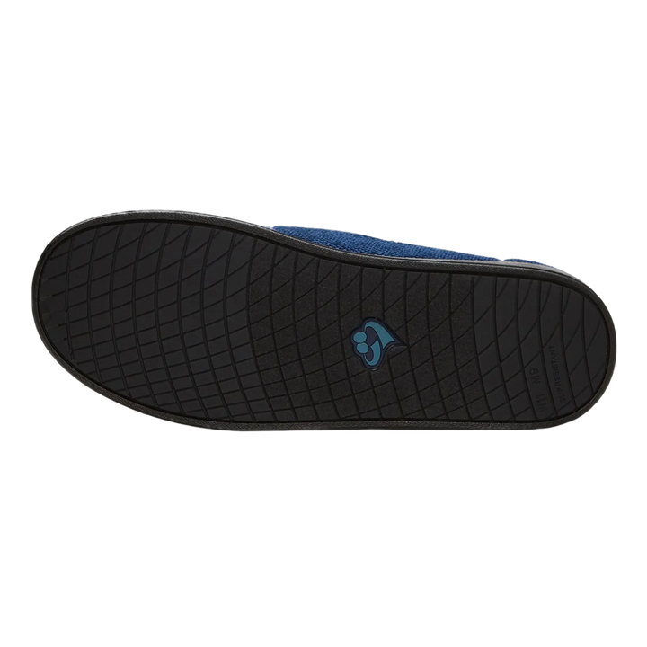 Silvert's extra wide slip resistant slippers in navy viewed from the bottom to show the sole.