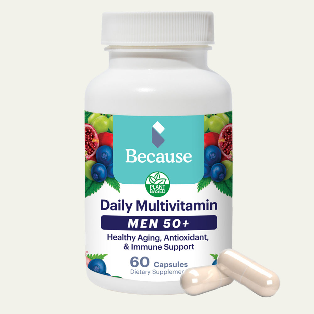 Daily multivitamin bottle for men 50+ with a white background